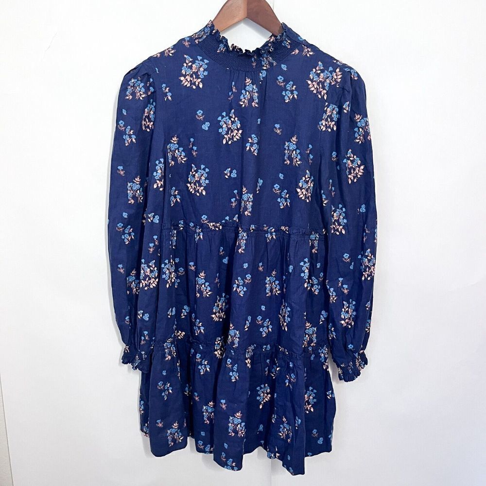 Free People Women's Dress Petite Fours Blue Floral Size S Tie Back Deep V Ruffle - Picture 2 of 8